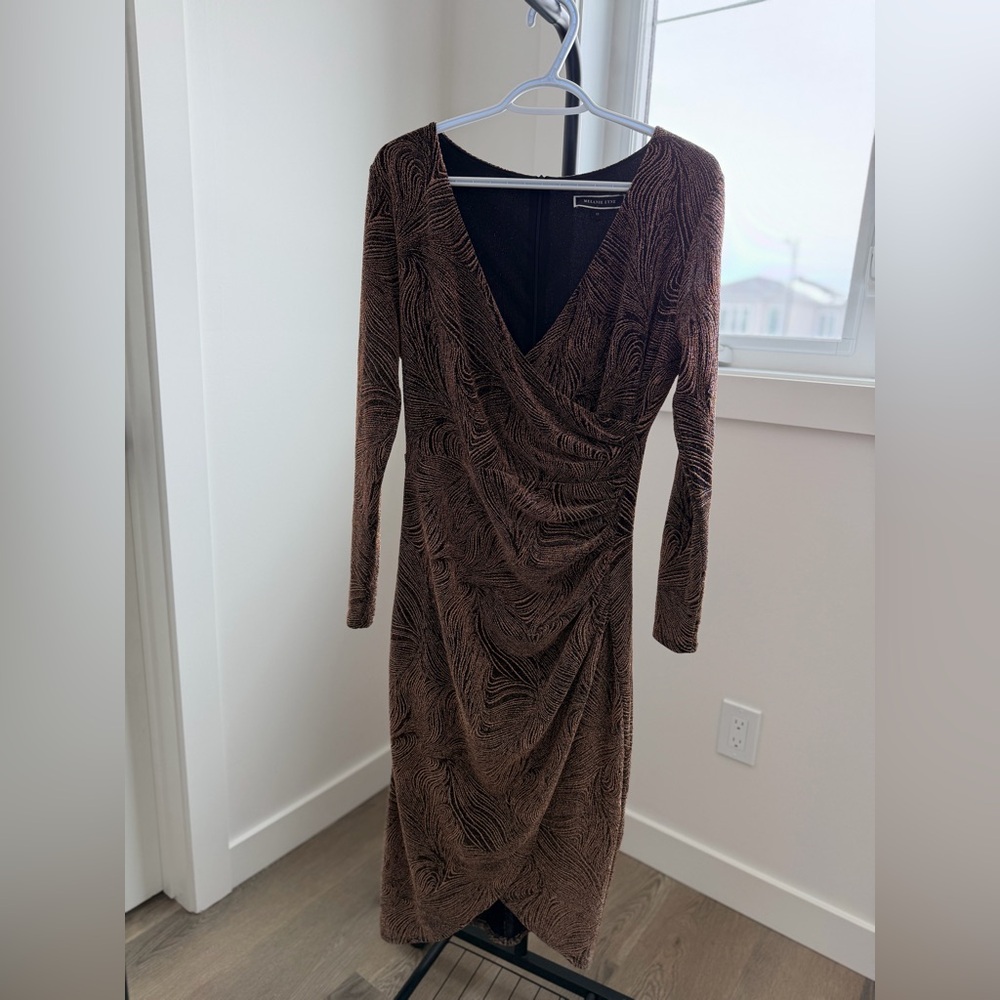 Velvet Ruched Brown Long-Sleeve Dress